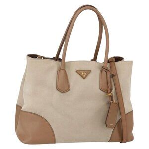 PRADA Tote Bag Canvas 2way Beige Gold Auth ep11445